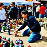 The Flea Market Find**

A brightly lit, bustling Spanish *mercadillo* scene, overflowing with vintage toys and collectibles. In the foreground, a young adult, *fully clothed* in casual, modern clothes, kneels excitedly, carefully examining a slightly dusty but complete "He-Man" action figure.  Other vendors and shoppers are visible in the background, adding to the vibrant atmosphere.  Focus on capturing the joy of discovery and the "treasure hunt" feel. *Safe for work*.  *Appropriate content*. *Professional photography*. *Natural proportions*. *Perfect anatomy*. *Family-friendly*.

**