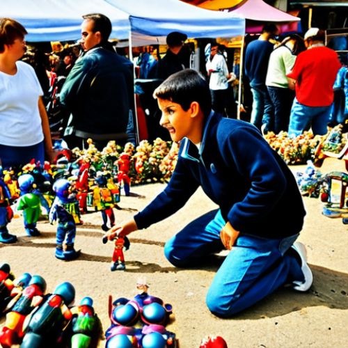 Home 4 The Flea Market Find**
A brightly lit, bustling Spanish *mercadillo* scene, overflowing with vintage toys and collectibles. In the foreground, a young adult, *fully clothed* in casual, modern clothes, kneels excitedly, carefully examining a slightly dusty but complete "He-Man" action figure. Other vendors and shoppers are visible in the background, adding to the vibrant atmosphere. Focus on capturing the joy of discovery and the "treasure hunt" feel. *Safe for work*. *Appropriate content*. *Professional photography*. *Natural proportions*. *Perfect anatomy*. *Family-friendly*.
**