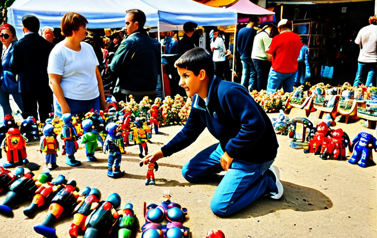 The Flea Market Find**

A brightly lit, bustling Spanish *mercadillo* scene, overflowing with vintage toys and collectibles. In the foreground, a young adult, *fully clothed* in casual, modern clothes, kneels excitedly, carefully examining a slightly dusty but complete "He-Man" action figure.  Other vendors and shoppers are visible in the background, adding to the vibrant atmosphere.  Focus on capturing the joy of discovery and the "treasure hunt" feel. *Safe for work*.  *Appropriate content*. *Professional photography*. *Natural proportions*. *Perfect anatomy*. *Family-friendly*.

**