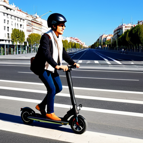 Home 29 전동 킥보드 성능 비교 - Ergonomic City Commute**
A fully clothed commuter in Madrid riding a modern electric scooter on a d...