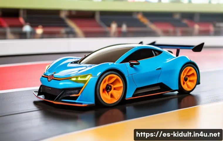 RC카 초보자용 가이드 - A detailed scene of a beginner-friendly electric RC car racing on a smooth indoor track, with a youn...